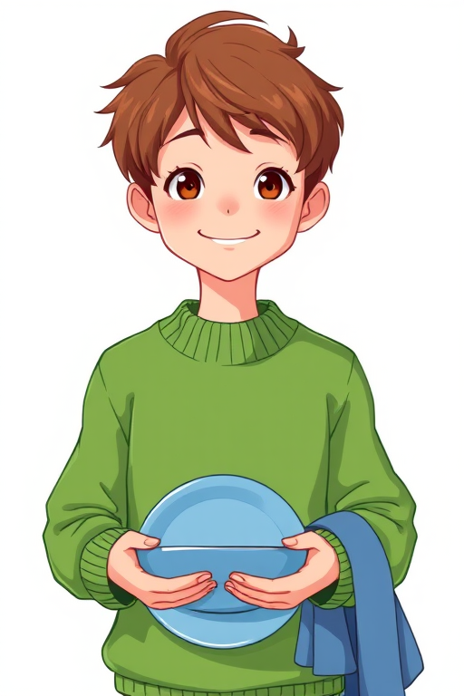 Generate an illustration of a young person with brown hair wearing a green sweater holding a blue plate and a towel, ensure the character has a content expression, use a digital art style, with a focus on vibrant colors and clear lines, set the camera to 50mm, aperture f/2.8, ISO 200, in a soft light setup for enhanced image quality.