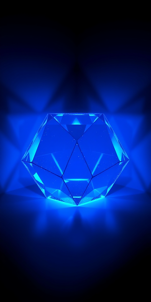 Create a 3D render of a glowing blue hexagonal prism in a dark corner with soft shadows, using a DSLR camera with a 50mm lens at f/1.8, ISO 100, and a shutter speed of 1/60s, in a low-angle view to emphasize depth and lighting.