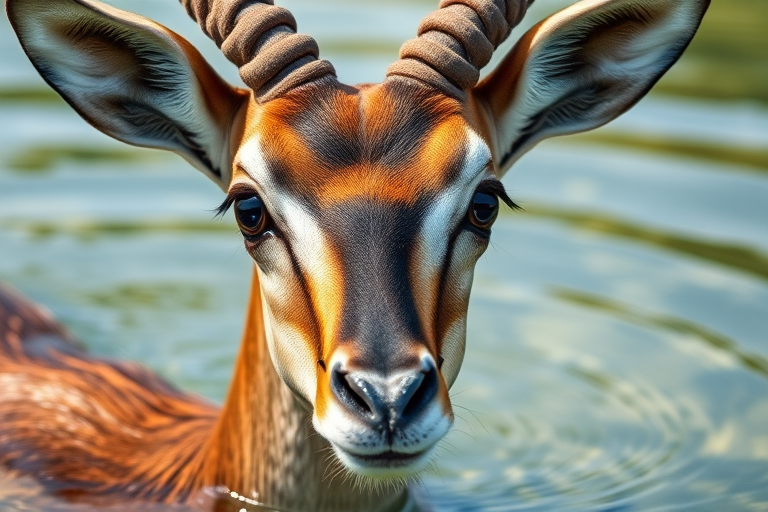 Capture a close-up portrait of a swimming antelope in clear water, focusing on its expressive eyes and detailed fur texture, using a Canon EOS 5D Mark IV, 50mm lens, f/1.8 aperture, ISO 100, 1/200 second shutter speed, natural lighting, and shallow depth of field for a blurred background.