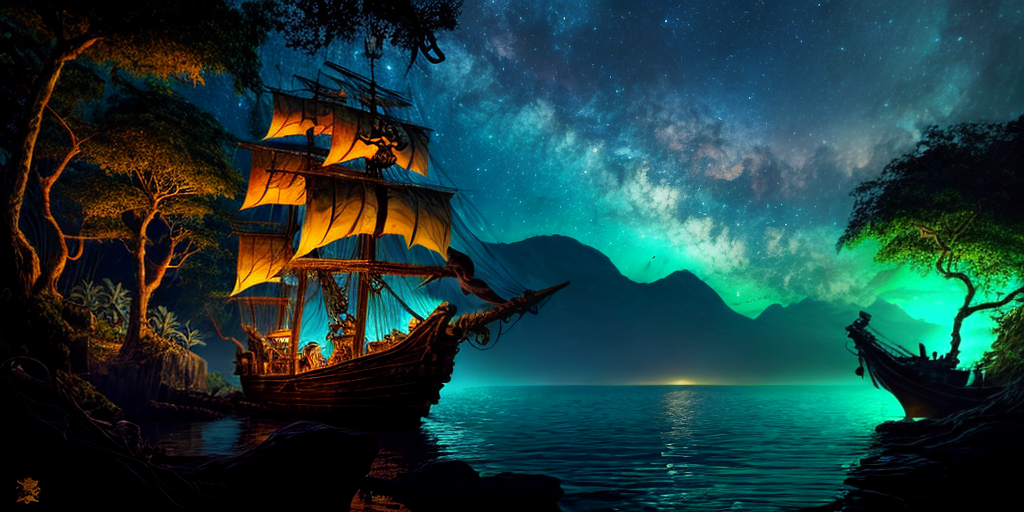 pirate ship at night with lighted windows coming into a tree filled ...