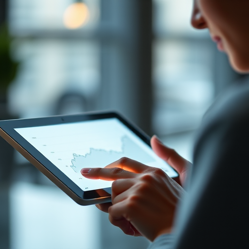 Create an image of a person using a tablet with a glowing screen, focused on a line graph showing upward trends, shot in a close-up view with a 50mm lens at f/1.8, ISO 200, and 1/125 second shutter speed, using a soft focus background to emphasize the subject and the graph.