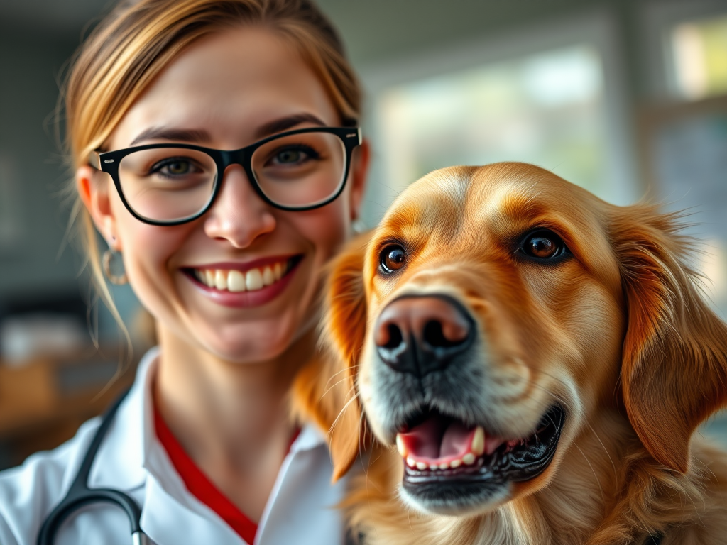 a close-up shot of a smiling veterinarian with glasses and a golden retriever dog, taken with a Canon EOS R5, 50mm lens, f/1.8 aperture, ISO 100, natural lighting, shallow depth of field to create a soft background blur, warm colors for an inviting atmosphere