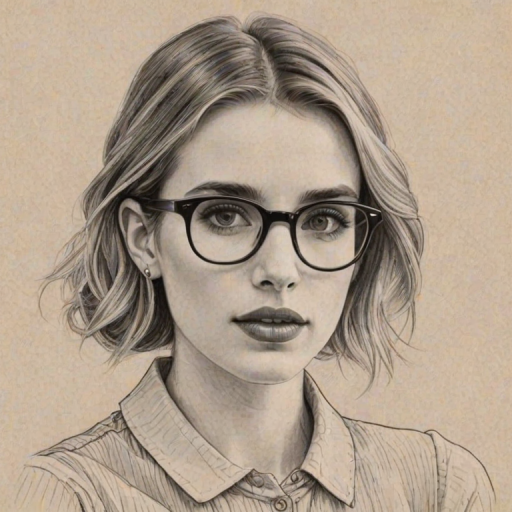 Enchanting Emma Roberts, pencil sketch, portrait of Resplendent woman 1922s in glasses, hair style beatnik, outline, clear lines, fine lines, 8k