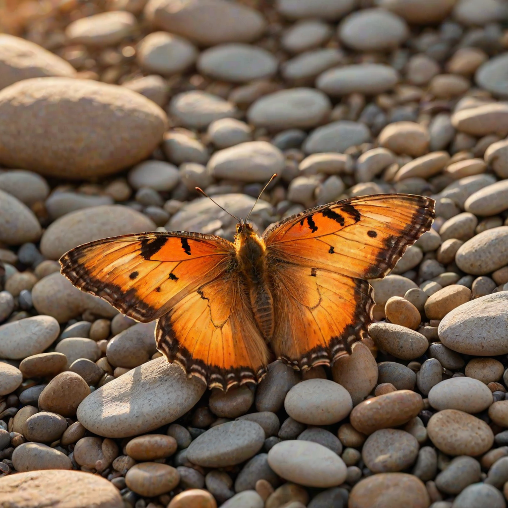 A vibrant orange and yellow butterfly with black markings is perched on a bed of small, brown pebbles in the warm, golden light of a setting sun. The butterfly is facing the viewer with its wings slightly raised, creating a sense of delicate movement. The background is a soft, blurred green and yellow, creating a gentle, natural atmosphere. The image is captured in a close-up perspective, focusing on the butterfly's intricate details and the warm glow of the sunlight.