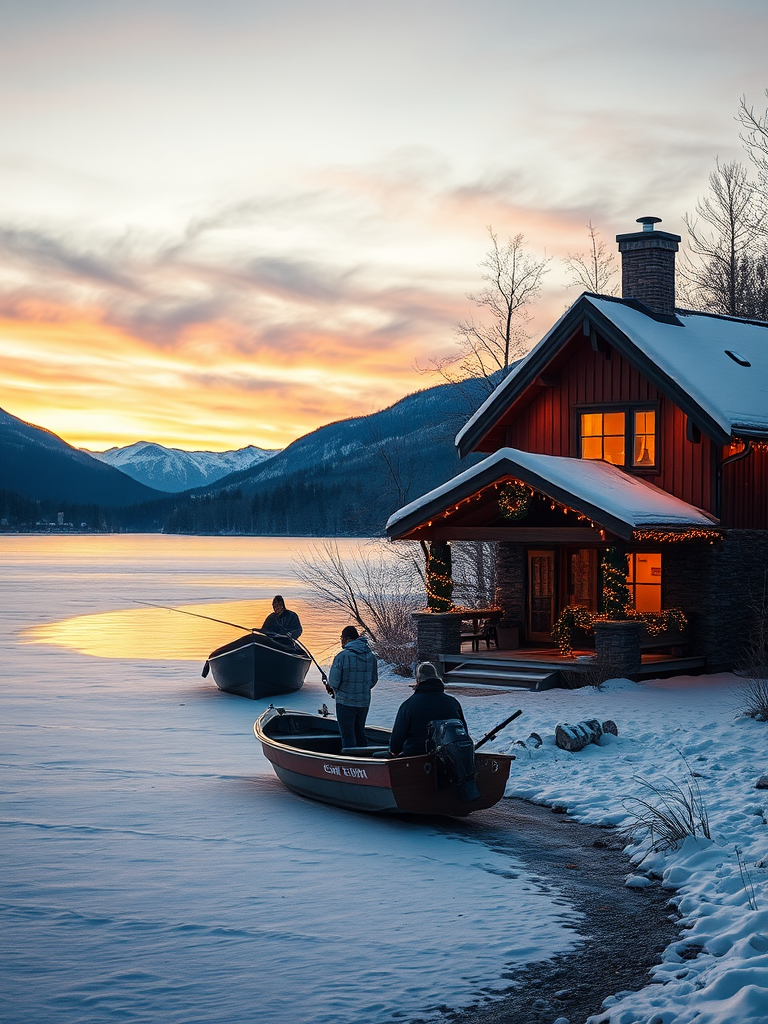 A serene winter scene at sunset featuring a cozy cabin adorned with holiday lights by a snowy lake, with two men fishing from a small boat, snow-capped mountains in the background; shot using a DSLR camera at f/8 aperture, 1/250 sec shutter speed, ISO 200, 24mm focal length, wide-angle view for a vibrant landscape and detail enhancement.