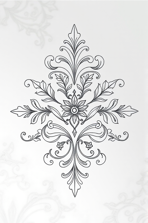 Create a highly detailed line art illustration of an ornamental design featuring stylized leaves and scrolls, utilizing a Canon EOS 5D Mark IV with a 50mm lens, aperture set at f/8, ISO 100, shot from a flat lay perspective, with natural diffused lighting for optimal clarity and texture.