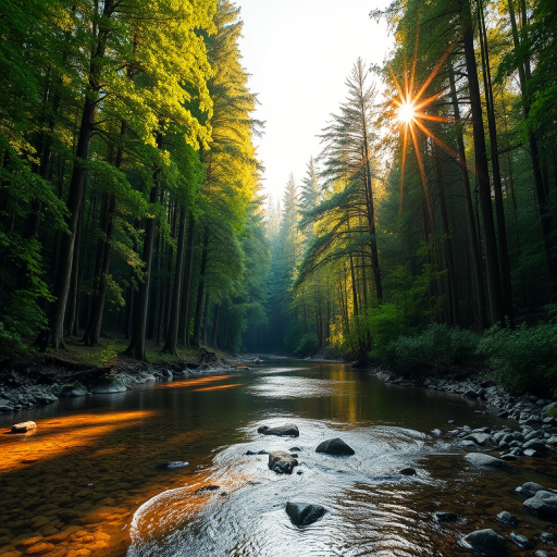 Create an image of a serene, sunlit forest scene with a clear, gently flowing river. Tall trees with lush green foliage line both sides of the river, their leaves bathed in the warm golden light of the setting or rising sun. The sunlight filters through the trees, casting soft, dappled light on the river, which flows over smooth rocks and pebbles, creating a peaceful, natural atmosphere. The sky is bright with a few scattered clouds, and the overall mood is tranquil, evoking a deep sense of connection with nature. The image captures the beauty of a calm, pristine forest landscape at either dawn or dusk.
