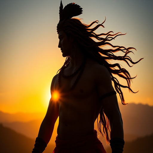 Create a dramatic silhouette of a muscular deity with long hair and ornate details, framed by a bright sunset in a mountainous landscape, using a Canon EOS R5 with a 24mm f/1.4 lens at ISO 100, shutter speed 1/250 sec, golden hour lighting for enhanced depth and warmth.