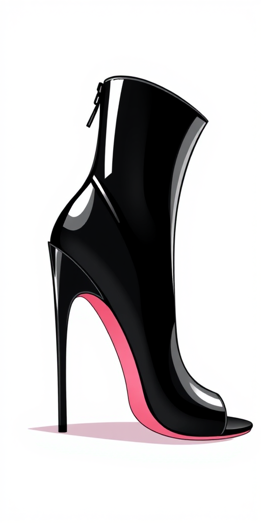 Create a high-resolution vector illustration of a stylish black high-heeled shoe with a pink interior, shot from a side angle using a DSLR camera with a 50mm lens, f/1.8 aperture, ISO 100, and soft natural lighting.