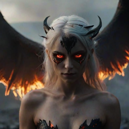 Misty Valley a close-up of a mysterious woman one half of her body and face is beautiful angelic appearance blue eyes white hair the other half of her body and face is demonic coal-black skin red eye and hair are burning with fire demonic horn on her back are wings corresponding to each part of the body. Dark atmosphere cinematic masterpiece clear focus