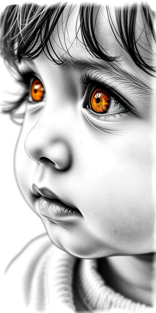 A hyperdetailed photorealistic black and white sketch of a beautiful toddler with deep orange eyes, with a macro focus