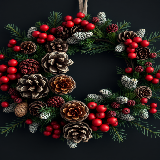highly detailed floral wreath with pinecones and berries, soft lighting, macro lens, aperture f/2.8, ISO 100, 50mm lens, vibrant colors, dark background, shallow depth of field, high resolution