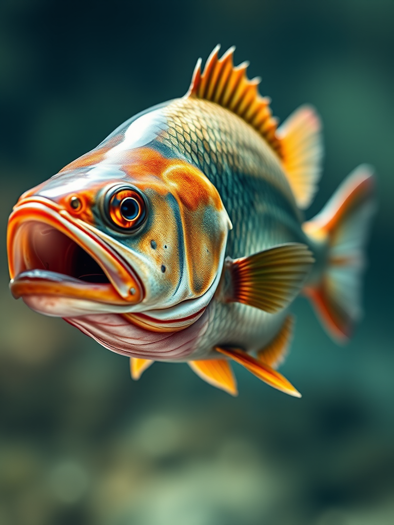 Create a detailed illustration of a fish with realistic scales and textures, using a high-resolution camera with a 50mm lens, f/2.8 aperture, and ISO 100 for sharp focus and vibrant colors, captured from a side view with soft natural lighting to enhance the image quality.