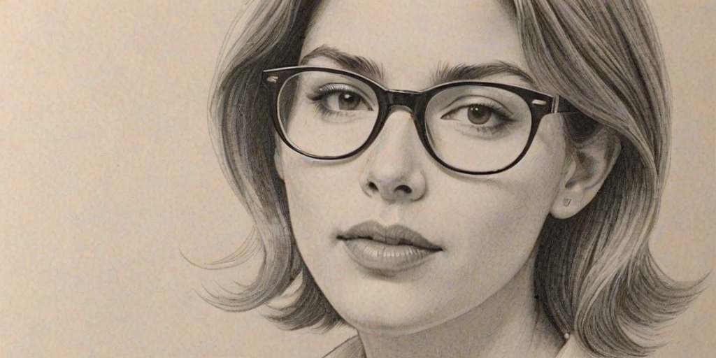 Fascinating Sofia Coppola, pencil sketch, portrait of Enchanting woman 1952s in glasses, hair style beatnik, outline, clear lines, fine lines, 8k