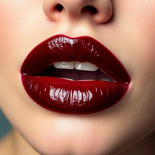 Dramatic black cherry lip stain creates an intense, vampy look on well-defined lips, emphasizing their fullness and creating a striking contrast against fair skin