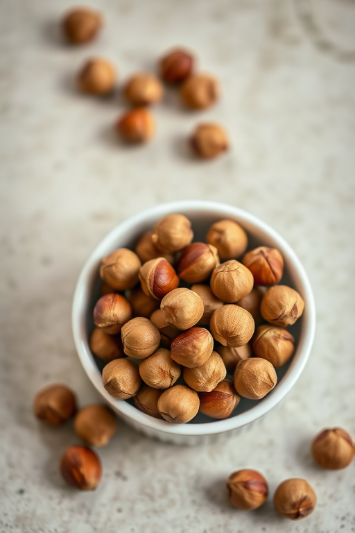 a close-up shot of a white bowl filled with hazelnuts on a textured surface, use a DSLR camera with a 50mm lens, aperture set to f/2.8 for shallow depth of field, ISO 200, soft natural lighting for an inviting atmosphere, shooting from above at a 45-degree angle