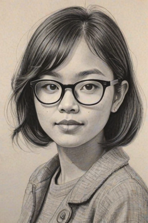 Alluring Charlyne Yi, pencil sketch, portrait of Beauteous woman 1960s in glasses, hair style beatnik, outline, clear lines, fine lines, 8k