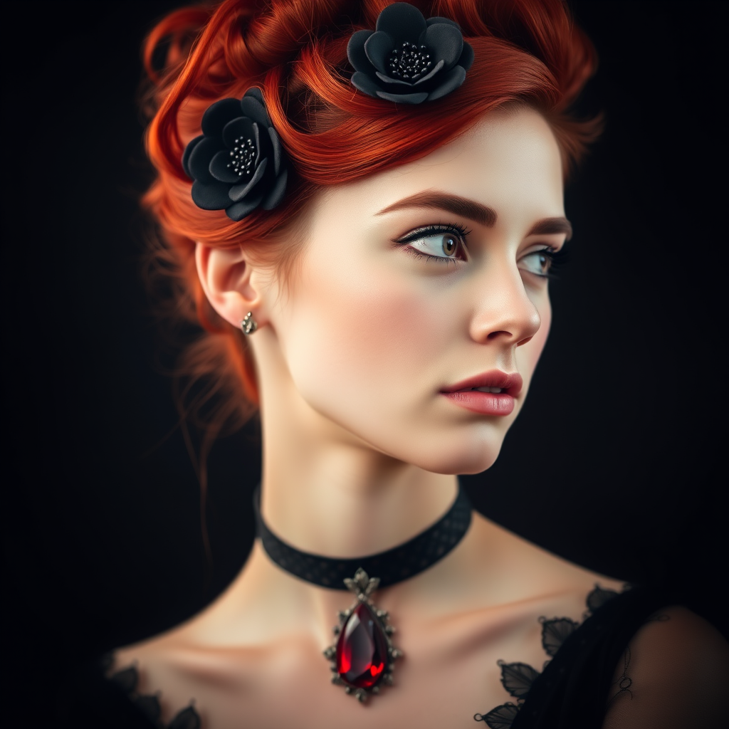 A young woman with bright red hair styled in a voluminous updo adorned with black floral accents, wearing a black choker with a large red gemstone pendant, looks off to the side with a slightly pensive expression, her face softly lit against a dark background.  The image is composed as a portrait, shot from a close-up perspective, with the subject filling most of the frame.  The woman's skin appears fair and flawless, with a subtle glow.  The overall atmosphere is elegant and slightly dramatic.