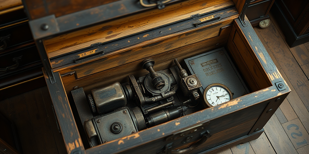 Regenerate an image of an antique chest with a detailed, open lid, showcasing complex metal mechanisms inside, captured with a DSLR camera at f/8 aperture, 50mm lens, ISO 100, natural lighting, overhead view for clarity and detail enhancement.
