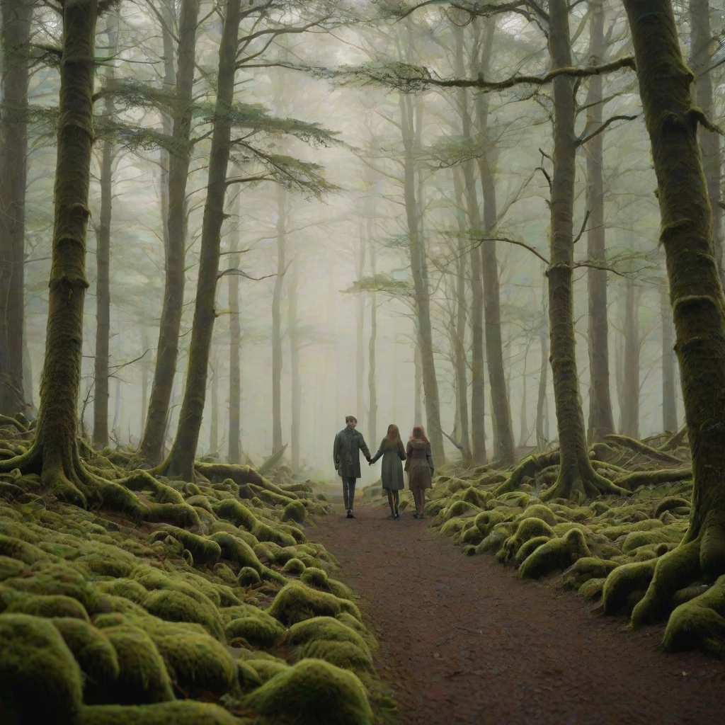 Softly lit image of a couple walking through a misty forest, the fog creating a dreamy, ethereal atmosphere, with the muted greens of moss-covered trees surrounding them.