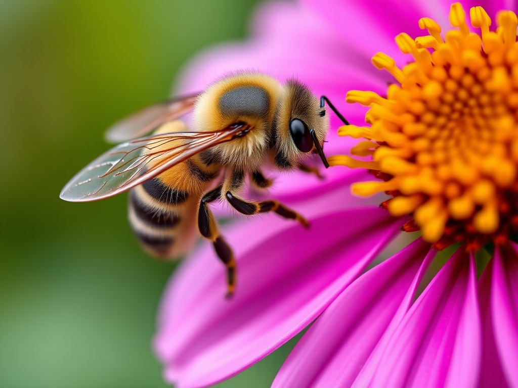 Close-up of a bee on a vibrant flower, shallow depth of field, soft bokeh background, Canon EOS 5D Mark IV, 100mm macro lens, f/2.8, ISO 100, 1/250s, natural light.