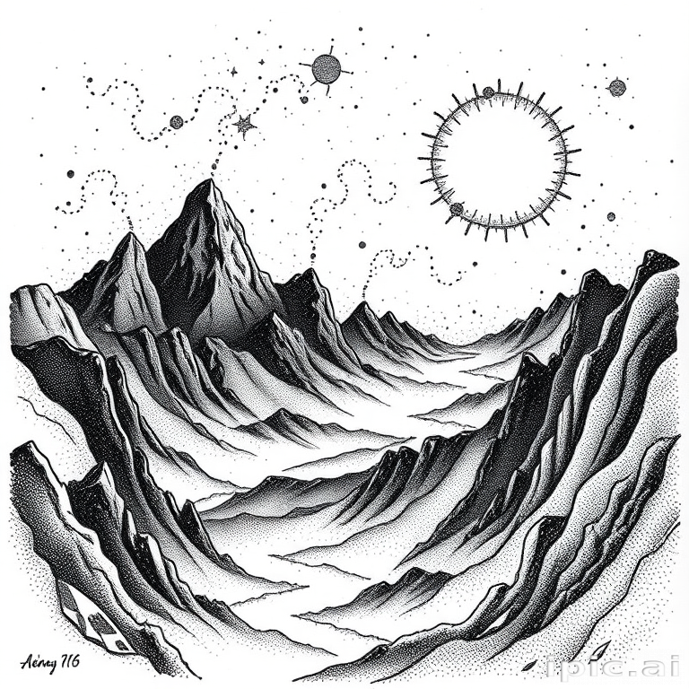 Dot work "Cosmic Topography" tattoo illustration depicting abstract landscapes and otherworldly terrain using meticulous stippling techniques to create depth texture and ethereal atmospheric effects
