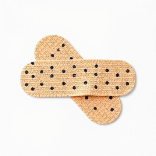 create a high-quality illustration of a bandage with a light brown color and black dots, top-down view, using a Canon EOS 5D Mark IV, 50mm lens, f/8 aperture, 1/125 sec shutter speed, ISO 100, studio lighting