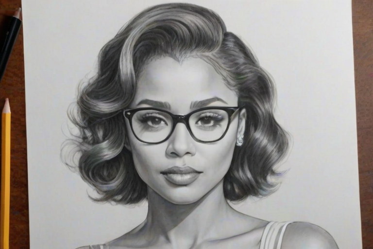 Bewitching Katerina Graham, pencil sketch, portrait of Superb woman 1936s in glasses, hair style beatnik, outline, clear lines, fine lines, 8k