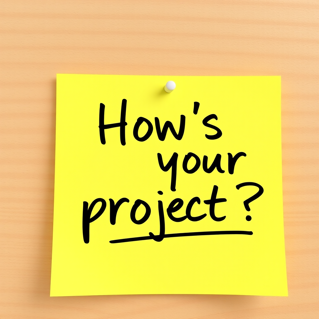 Yellow post-it note, hand written in black pen text "How's your project??", 3d, hd, hyper realistic,