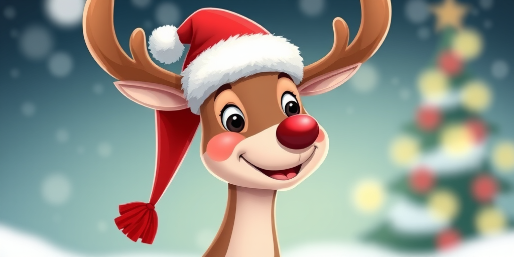Create a whimsical illustration of a reindeer wearing a Santa hat, captured in a vibrant cartoon style with a 50mm lens, aperture f/4, ISO 200, and a soft focus background to enhance the character's features and colors.