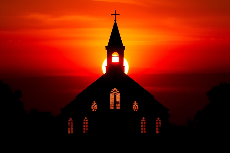 Create a silhouette of a church with illuminated windows against a vibrant sunset background, featuring a dramatic sunburst effect, captured in high dynamic range with a Nikon D850, f/11 aperture, 1/250 sec shutter speed, and ISO 100, with a wide-angle lens perspective.