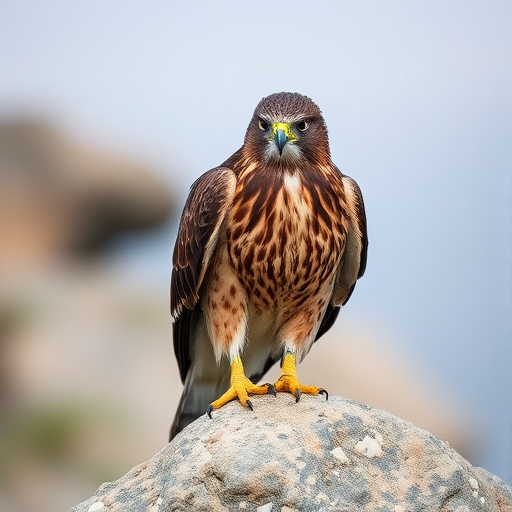 Generate a high-resolution portrait of a hawk perched on a natural rock, using a DSLR camera with a 200mm lens, f/4 aperture, ISO 100, shot from a low angle with soft natural lighting to emphasize feather details.