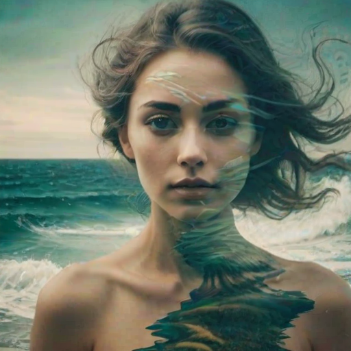 this photo is Book cover, A surreal double exposure portrait that blends a woman's face with a beautiful seascape. The overall mood is dreamy and mystical, with rich colors and intricate details