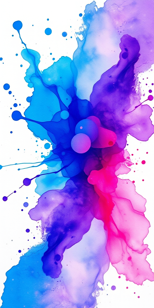 Create a vibrant abstract watercolor splash with hues of blue, purple, and pink, using a DSLR camera at ISO 100, f/5.6 aperture, 50mm lens, shot from a top-down view, with soft natural lighting for enhanced color saturation.