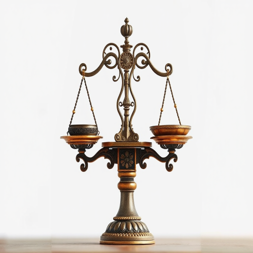 Illustration of a balanced scale with intricate details, focus on symmetry, shallow depth of field, 50mm lens, f/2.8 aperture, ISO 100, natural light.