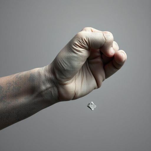 Create a hyper-realistic illustration of a cracked concrete hand making a fist, with a small broken piece next to it, using soft lighting and a neutral gray background, shot with a DSLR camera at f/2.8, ISO 100, 50mm lens, with a slight vignette effect to enhance the image quality.