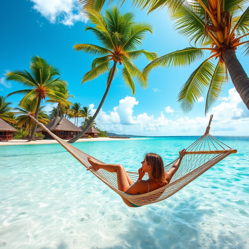 Beautiful tropical beach with palm trees swaying in the breeze, a woman relaxing in a hammock, and turquoise waters sparkling under the sun, creating a paradise-like scene.