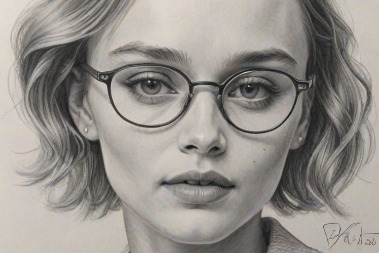 Sublime Lily-Rose Depp, pencil sketch, portrait of Pleasing woman 1949s in glasses, hair style beatnik, outline, clear lines, fine lines, 8k