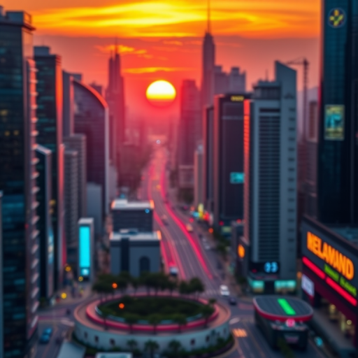 Generate a high-resolution image of a futuristic cityscape at sunset with vibrant colors, using a Canon EOS R5 camera, 24mm lens, f/8 aperture, ISO 100, and a slight tilt-shift effect to enhance depth and perspective.