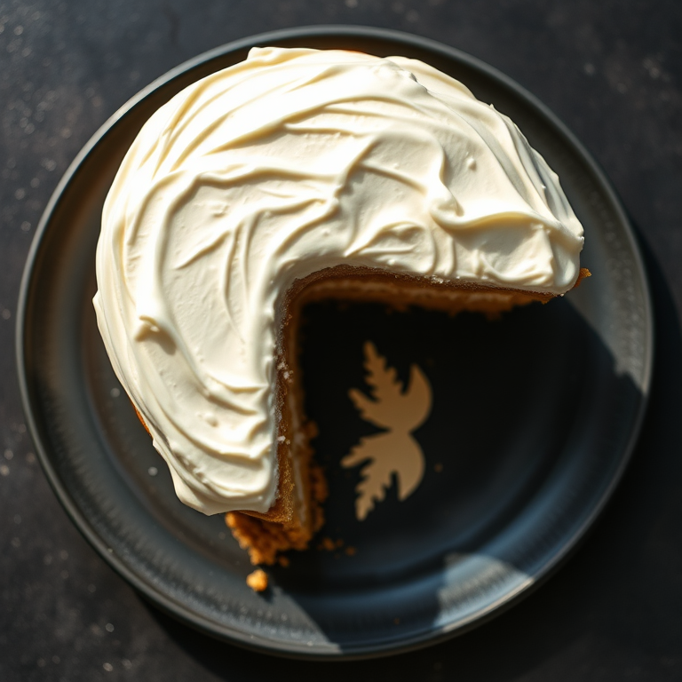 Create a detailed illustration of a layered cake with white frosting on a black plate, using a Canon EOS R5 camera, f/2.8 aperture, 50mm lens, 1/200s shutter speed, in a top-down view with bright, diffuse lighting to enhance texture and detail.