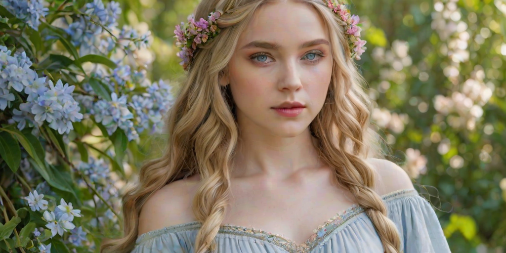 Create an image of a young woman with long, wavy blonde hair, adorned with small, colorful flowers woven into her braids and loose strands. Her complexion is fair, with soft, glowing skin, and she has light blue eyes that gaze softly at the viewer. She wears a light, flowing dress with a gentle, ethereal quality, complementing her delicate and serene appearance. The background is slightly blurred, drawing focus to her tranquil expression and the intricate details of the flowers in her hair. The overall mood of the image is one of natural beauty and grace, evoking a sense of peacefulness and connection with nature.