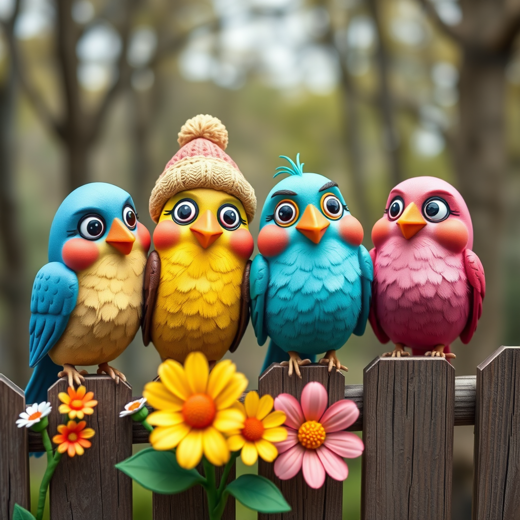 create a scene of 4 quirky  whimsical colourful comical birds each with a funny expression. they are sat on a wooden fence with colourful flowers. they are all different sizes. each one is a different colour  one is wearing a woolly hat. Each one has a different quirky google expression and there is a muted background of trees watercolour paintierly style high definition 8k resolution 3D paper mache