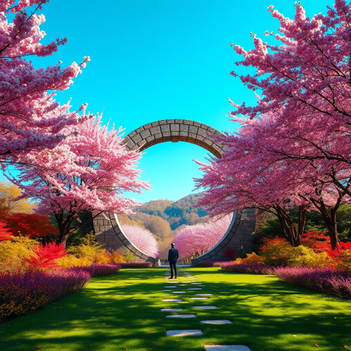 create a vibrant fantasy landscape with a large circular stone archway surrounded by cherry blossom trees and colorful foliage under a clear blue sky, with a figure standing in the foreground, using a Canon EOS R5, 35mm lens, f/8 aperture, ISO 100, soft lighting and high dynamic range to enhance image quality