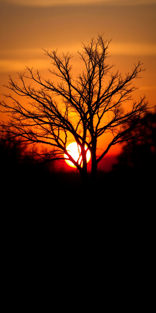 Generate an abstract silhouette of a tree with a vibrant sunset background, using a DSLR camera with a 50mm lens, f/1.8 aperture, ISO 100, and a shallow depth of field for a dreamy effect.