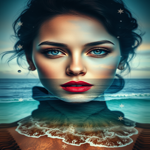 this image is Book cover, A surreal double exposure portrait that blends a woman's face with a beautiful seascape. The overall mood is dreamy and mystical, with rich colors and intricate details