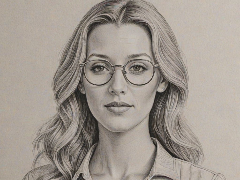 Pleasing Blake Lively, pencil sketch, portrait of Resplendent woman 1975s in glasses, hair style beatnik, outline, clear lines, fine lines, 8k