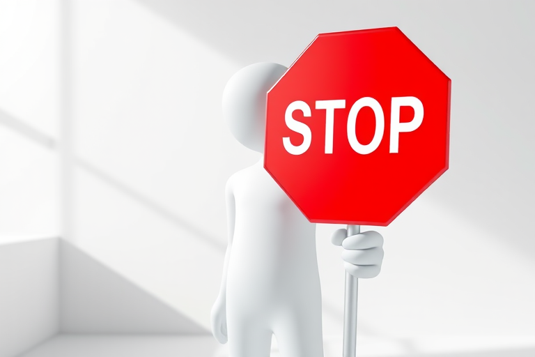 create a 3D rendering of a white humanoid figure holding a red octagonal stop sign in a bright, minimalist setting, shot with a Canon EOS R5 at f/8, 50mm lens, ISO 100, using natural lighting for enhanced clarity and detail