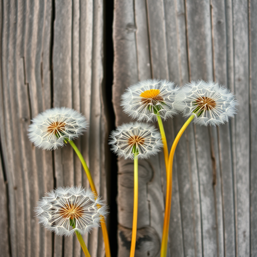 Regenerate an artistic image of delicate dandelions against a weathered wooden background, using a DSLR camera with a 50mm lens, aperture f/2.8, ISO 100, natural lighting, top-down view, and shallow depth of field for enhanced focus on the flowers.