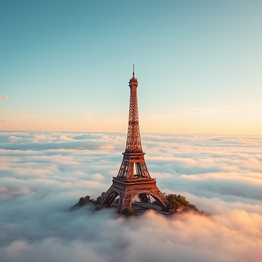Create a serene landscape image featuring the Eiffel Tower on a floating island surrounded by clouds, captured with a Canon EOS R5, 24mm lens, f/8 aperture, ISO 100, at golden hour for warm lighting and enhanced clarity.