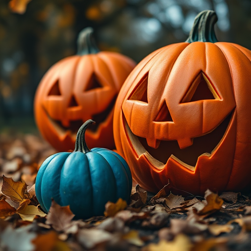 create a spooky Halloween scene featuring large smiling orange pumpkins and a smaller blue pumpkin surrounded by falling autumn leaves, use a shallow depth of field with a bokeh effect, set the camera to aperture f/2.8, shutter speed 1/100s, ISO 200, view from a low angle, shot with a DSLR camera to enhance image quality